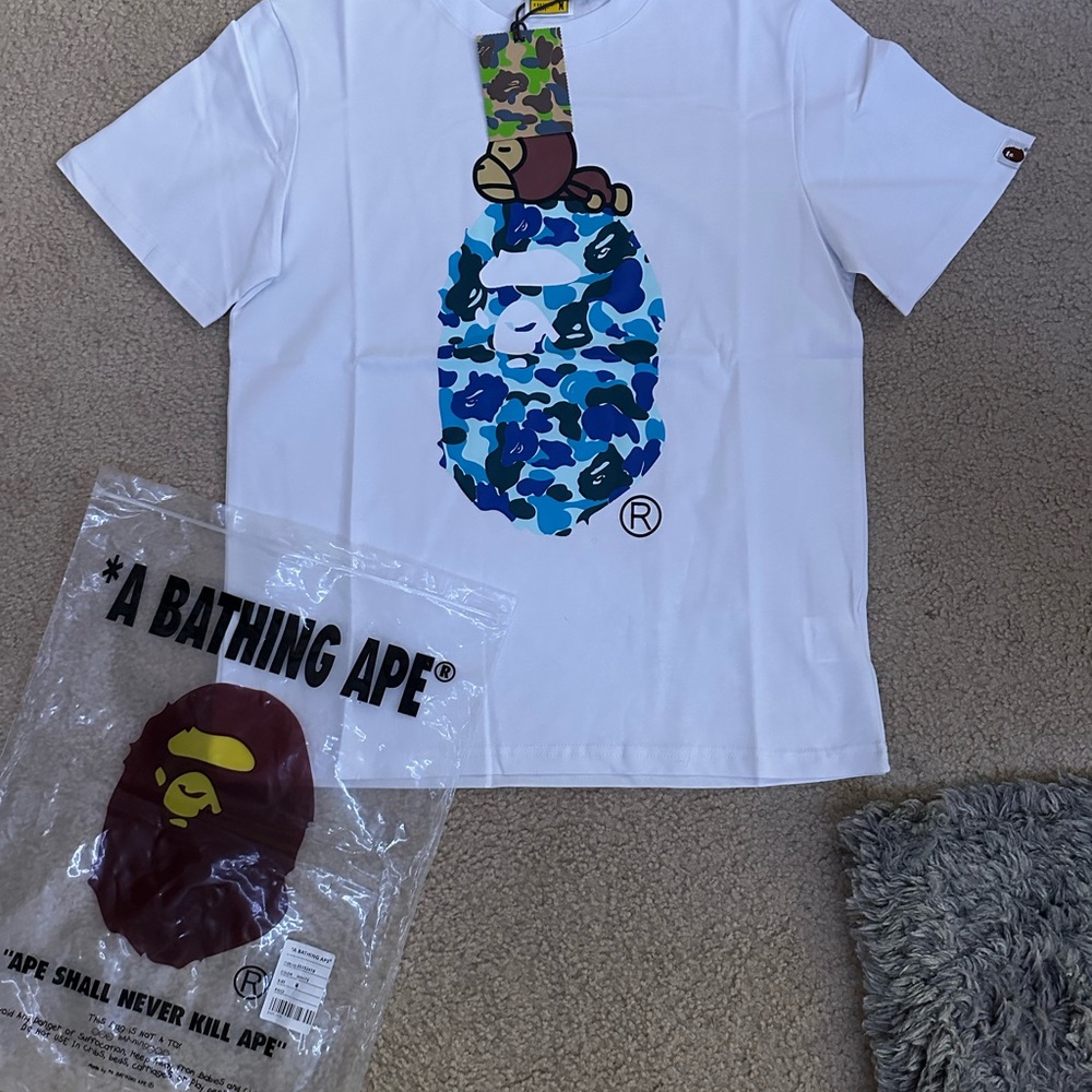 Bape White Tee with Green and Blue Camo Tag - Picture 1 of 8